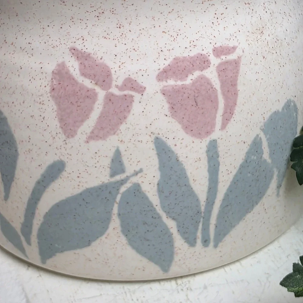 Vintage Ceramic Canister Jar Lid Pink Blue Tulips‎ Floral Design Kitchen Storage